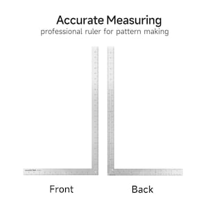 May include: A silver metal L-shaped square ruler for pattern making, shown from the front and back. The text "Accurate Measuring professional ruler for pattern making" is displayed above, with "Front" and "Back" labels below the two views.
