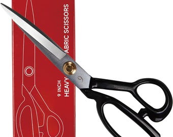 May include: Heavy-duty 9-inch fabric scissors with black handles and silver blades. The scissors are displayed next to a red box with the text "KEARING FABRIC SCISSORS". The scissors have a gold-colored pivot.