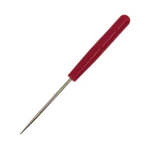 May include: A red awl with a silver metal shaft and a pointed tip. The handle is a solid, glossy red with three grooved sections. The awl is designed for piercing or marking materials.