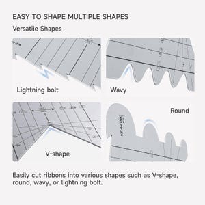 May include: A white plastic ribbon cutter with various shapes, including lightning bolt, wavy, V-shape, and round. The text "EASY TO SHAPE MULTIPLE SHAPES" and "Versatile Shapes" are visible. The cutter has inch measurements.