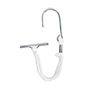 May include: A silver-colored metal hook with a curved top and a straight horizontal bar attached to a white braided cord. The cord loops through the metal components, creating a hanging mechanism with a secure knot at the connection point.
