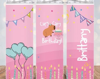 Capybara Birthday Tumbler 20oz, Kawaii Animal Cup, Personalized Name Skinny Tumbler, Cute Pink Party Drinkware, Custom Gift For Girls