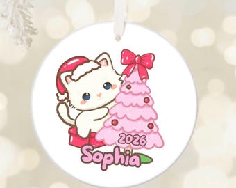 Personalized Cat Ornament, 2026 Christmas Ornament, Pink Kitty Keepsake, Custom Name Gift