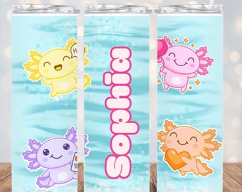 Axolotl Tumbler 20oz, Kawaii Ocean Animal Cup, Personalized Name Skinny Tumbler, Cute Pastel Drinkware, Axolotl Lover Gift For Girls