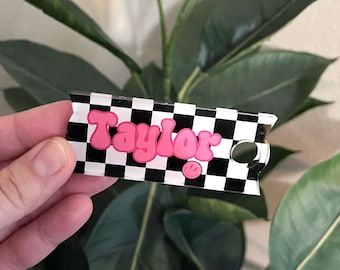 Checkered Stanley Name Plate: Custom Smiley Face Cup Topper for 30oz or 40oz Lids