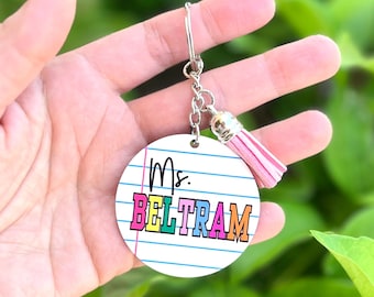 Personalized Teacher Keychain, Colorful Notebook Design
