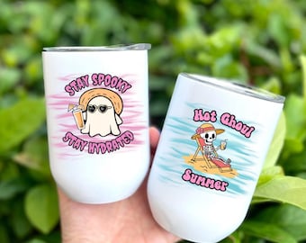 Summerween Wine Tumbler 12oz, Stay Spooky Stay Hydrated Cup, Hot Ghoul Summer Tumbler, Cute Halloween Summer Drinkware, Spooky Gift For Her
