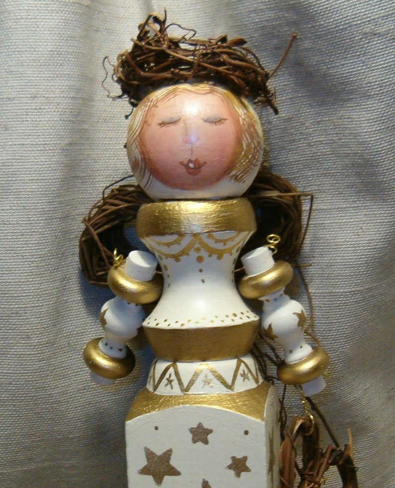 Handmade Painted Wooden Spindle Gold Star Angel image 0