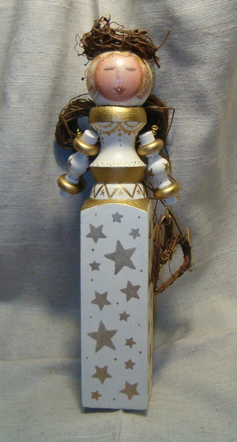 Handmade Painted Wooden Spindle Gold Star Angel image 2