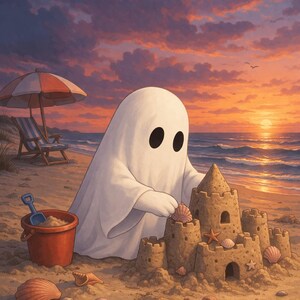 Lámina artística Summerween Ghost: Escena de atardecer en un castillo de arena en la playa. imagen 2