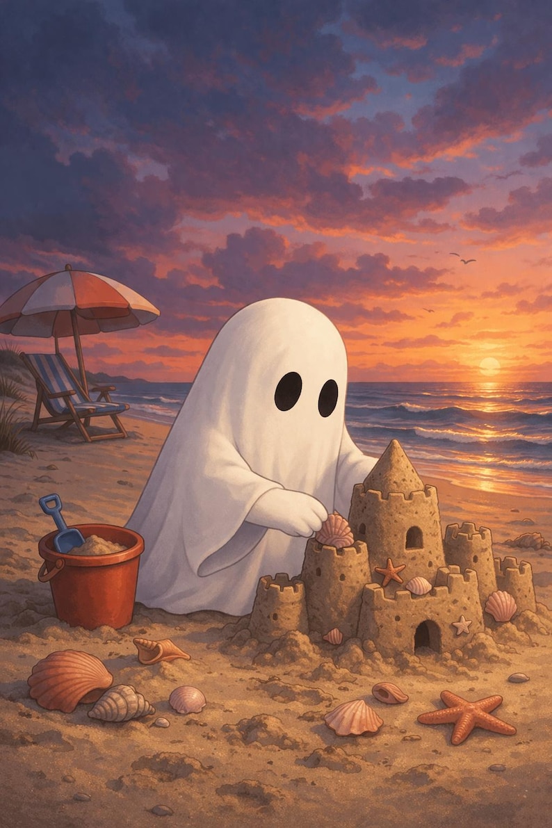 Lámina artística Summerween Ghost: Escena de atardecer en un castillo de arena en la playa. imagen 2
