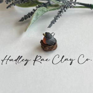 May include: A small, black and orange robin bird figurine sitting in a brown clay nest. The bird has a silver loop for hanging.