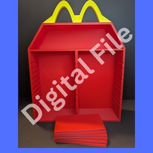Puede incluir: Una estantería roja con un diseño de arco amarillo en la parte superior, que se asemeja al logotipo de un restaurante de comida rápida. La estantería tiene múltiples compartimentos y viene con una pila de paneles rojos. El texto en la imagen dice "Digital File Download" y "You will not receive a physical item."