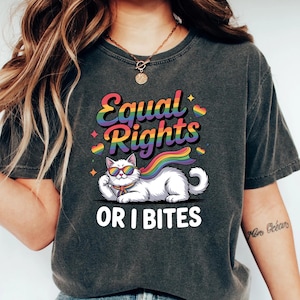 Equal Rights Or I Bites Shirt, Feminist Cat Shirt, Rainbow Pride Tee, LGBTQ Ally Shirt, Funny Gay Pride, Lesbian & Gay Pride Apparel, Pride