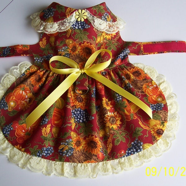 Autumn Small Dog Dress Burgundy with Sunflowers Pumpkins Grapes Collars Pets Clothes