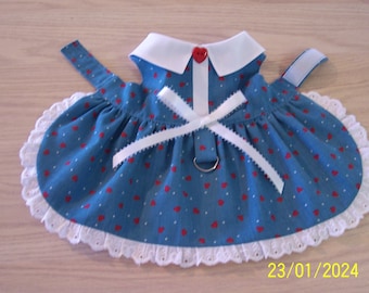 Valentine XS-S Dog Dress Blue with Red Hearts Collars Button Bow Pets Clothing