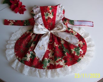 Red Poinsettia Med. Dog Dress Lace Bow Buttons Dog Clothing Pets Apparel