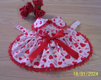 Valentine XS-S Dog Dress White with Red Hearts Kisses Hugs Lace Bow Pets Clothing