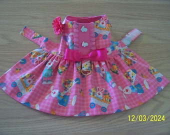 Easter XS-S Dog Dress Rose Check with Bunnies Chicks Tab Buttons Bow Pets Clothes