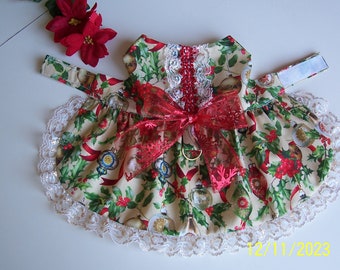 Christmas XS-S Dog Dress Colorful Ornaments Holly Lace Trim Bow Pets Clothing