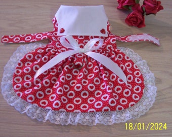 SALE Valentines Small Dog Dress Red with Circles of Hearts Collar Lace Bow Pets Clothes