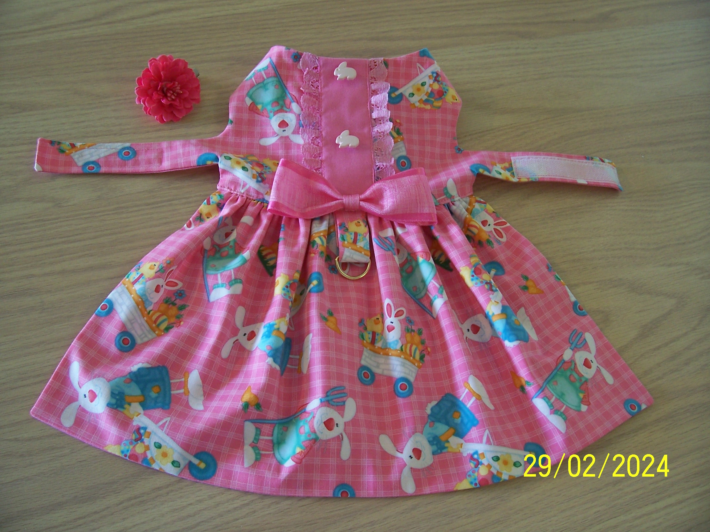 Easter Small Dog Dress Rose Check with Bunnies and Chicks Tab Lace Bow Pets Clothes