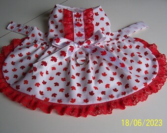 Canada Day XS-S Dog Dress White with Maple Leaves Lace Bow Pets Clothing