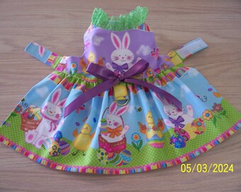 Cute Easter XS-S Dog Dress Blue Green and Mauve with Bunnies Chicks Bow Pets Clothes