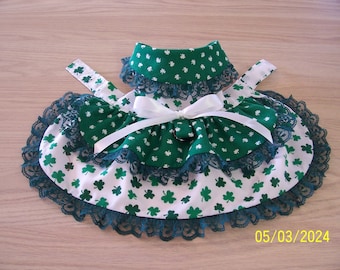 SALE St Patricks XS-S Dog Dress Green and White Shamrocks Over Skirt Collar Lace Bow Pets Clothing