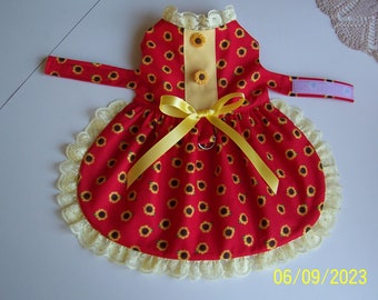 Sunflowers Small Dog Dress Red with Golden Sunflowers Design Lace Buttons Bow Pets Clothes