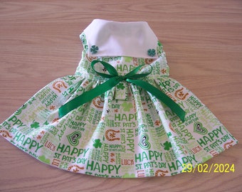 SALE St Patricks Small Dog Dress White with Green Writings Shamrocks Collar Bow Pets Clothes