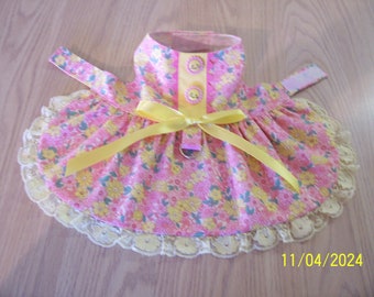 Floral XS-S Dog Dress Pink and Yellow Flowers Tab Buttons Bow Pets Clothes