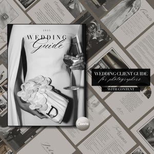 May include: A wedding client guide for photographers with content, including examples and tips. The guide is designed to help photographers create a professional and informative client experience.