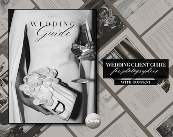 May include: A wedding client guide for photographers with content, including examples and tips. The guide is designed to help photographers create a professional and informative client experience.