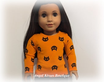 Halloween Outfit Fits American Girl or Similar 18 Inch Dolls; Black Cat Themed T-Shirt & Leggings