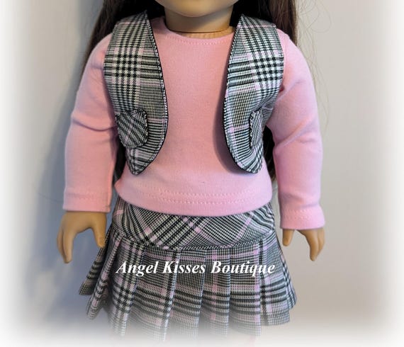 18-Inch Doll Outfit: Plaid Skirt, Vest, Pink T-Shirt & Beret