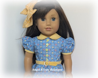 1930's Peplum Dress for 18 Inch Dolls, Light Blue Floral Cotton, Coordinating Hair Bow