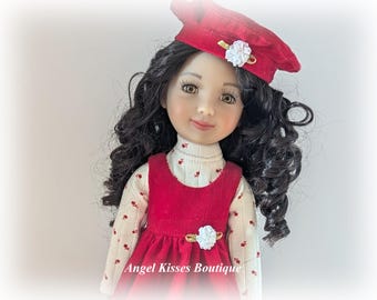 Handmade Red Corduroy Doll Jumper Outfit, Floral Turtleneck & Beret