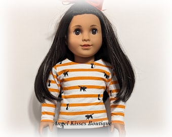 Halloween Themed Outfit For American Girl, Our Generation Or Similar 18 Inch Dolls; Striped Black Cat Shirt, Mini Skirt & Knee Socks Outfit