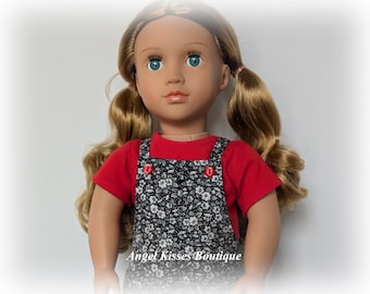Black & White Floral Print Summer Romper And Red T-Shirt For 18 Inch Dolls