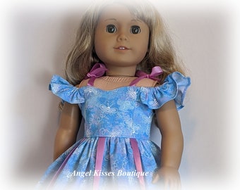 Pretty Pastel Blue & Lavender Bee Print Garden Party Dress Fits American Girl, Our Generation Or Similar 18-Inch Dolls