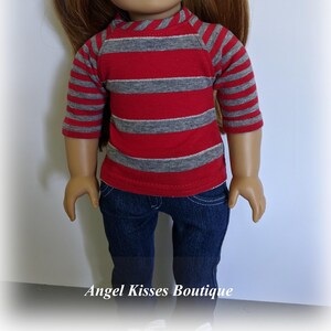 May include: A red and gray striped shirt with a raglan sleeve design. The shirt is made of a soft, comfortable material and is perfect for everyday wear.