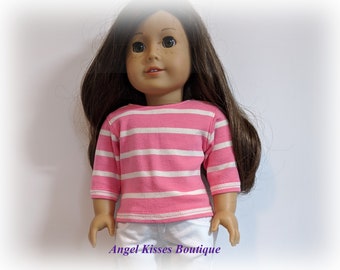 White Denim Capris And Pink Striped T-Shirt Fits American Girl Or Similar 18-Inch Dolls