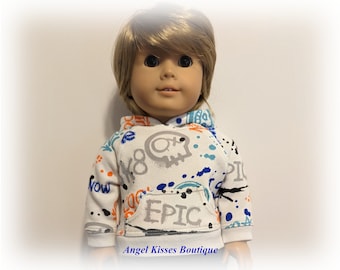 Graphic Long Sleeve Hoodie And Medium Wash Jeans Fits American Boy or Girl Or Similar 18 Inch Dolls