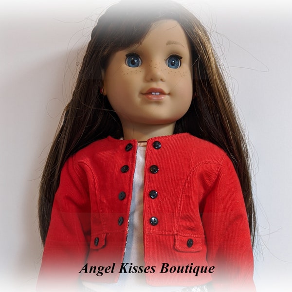 Tenue à quatre pièces; Jupe plissée à carreaux noirs et blanc avec une tenue de veste en velours côtelé rouge s'adapte à american Girl ou à des poupées similaires de 18 pouces