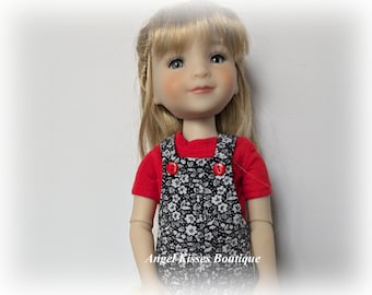 Floral Print Doll Romper with Red T-Shirt: Fits 15 Inch Dolls