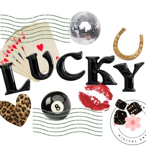 Glückliche Collage PNG | Retro Vegas Sublimations Design mit Disco, Würfeln, Karten und Leopard | Niedliche Kasino Grafik für Shirts | Digitaler Download