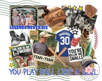 The Sandlot Inspired Baseball Collage PNG | Legends Never Die Retro Sublimation Design | 90s Movie Quote Clipart | Digital Download