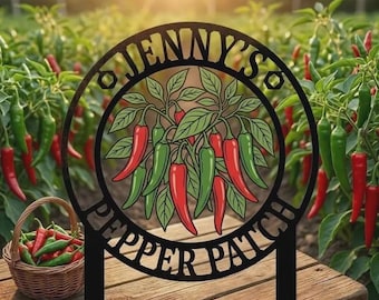 Personalized Pepper Patch Metal Sign, Custom Garden Name Sign, Chili Pepper Decor, Vegetable Garden Yard Art