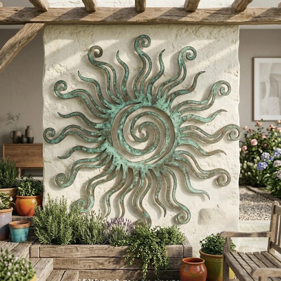 Large Sun Metal Wall Art, Rustic Outdoor Sun Decor, Patina Garden Wall ...